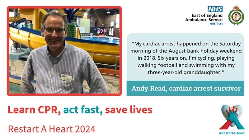 A smiling man with a positive message on learn cpr, act fast and save lives