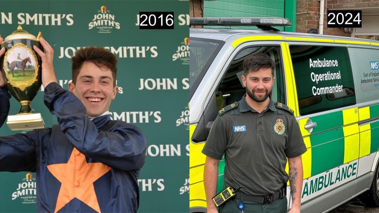 Two adjacent images of Thomas Brown, in 2016 as a jockey holding a trophy and in 2024 as an emergency care assistant